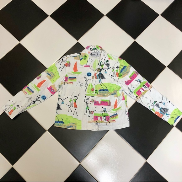 Vintage 90s Keren Hart Colorful AOP Funky Lady Button Down Utility Denim Jacket - Picture 2 of 13